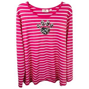 Quackey Factory XL Top Pink White Striped Long Sleeve‎ Dog Paw Heart Sequin 325